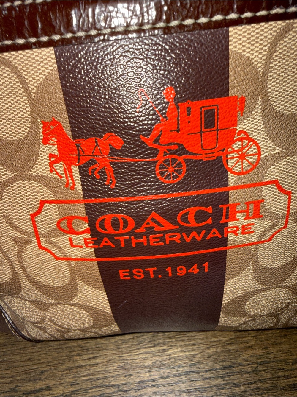 Coach Brown Signature Canvas Tote with Red Logo Accent - Picture 3 of 16
